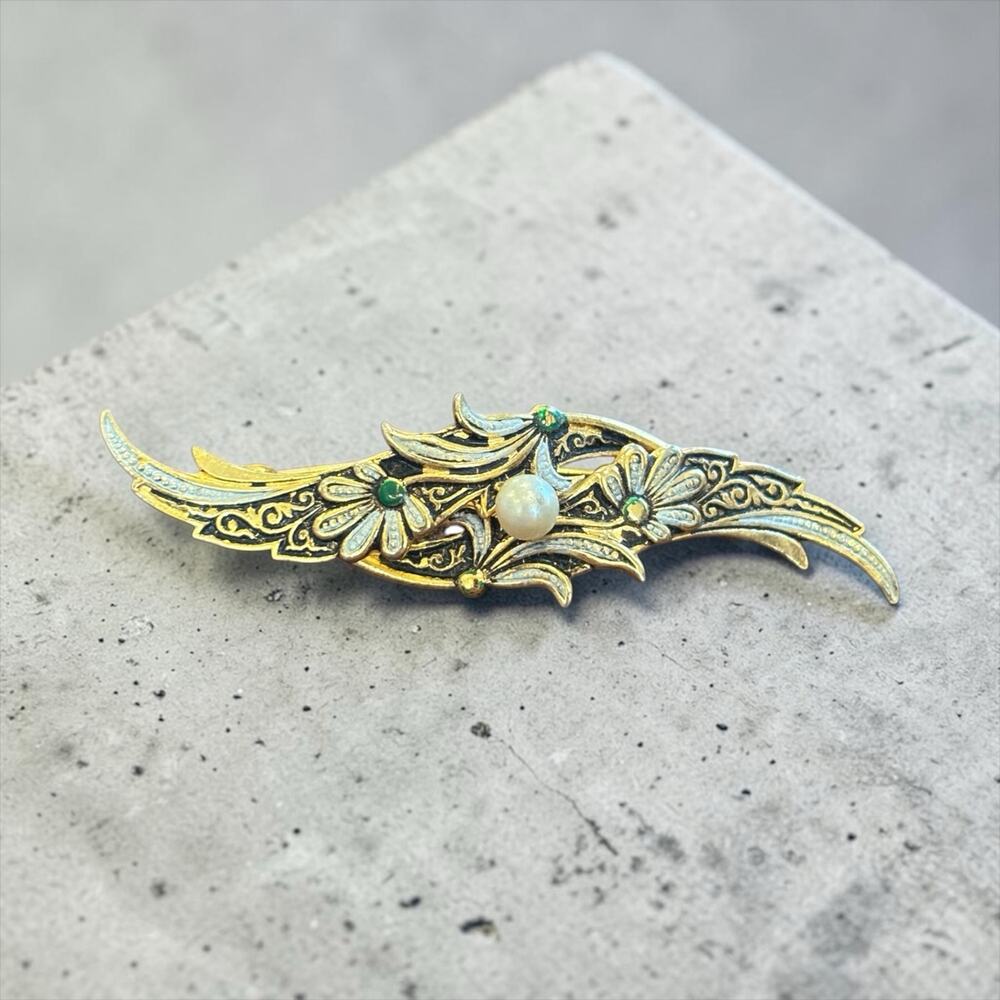 Damascene Pearl Brooch Gold Tone Floral Pin Art Nouveau Revival